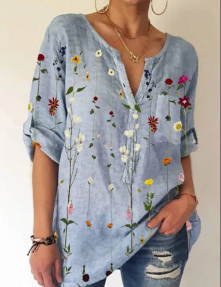 Summer Women's Blouse Loose Printing V - Neck Long - Sleeved Shirt Women - Taylor K Shop