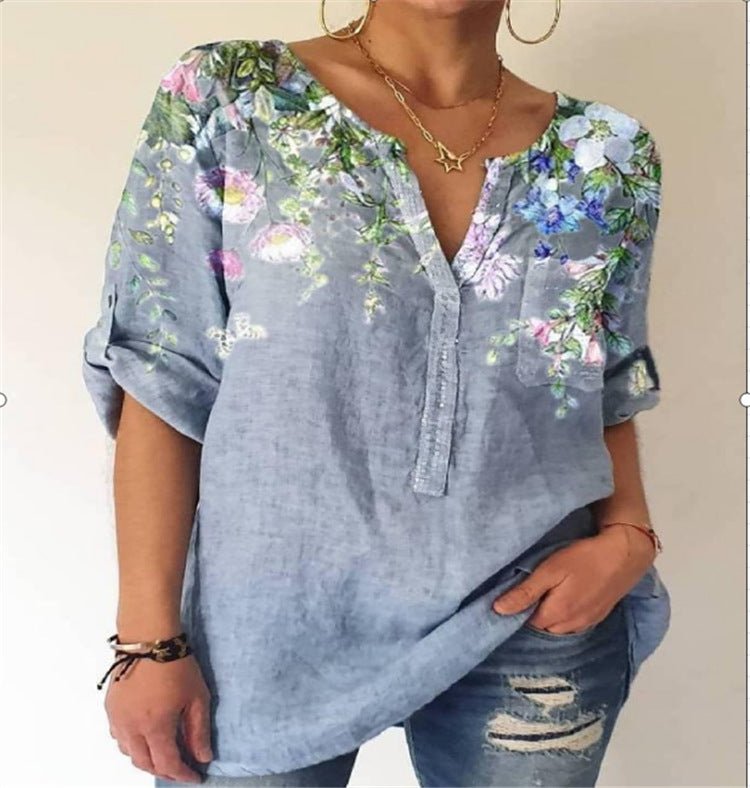 Summer Women's Blouse Loose Printing V - Neck Long - Sleeved Shirt Women - Taylor K Shop