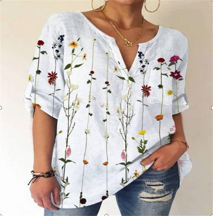Summer Women's Blouse Loose Printing V - Neck Long - Sleeved Shirt Women - Taylor K Shop