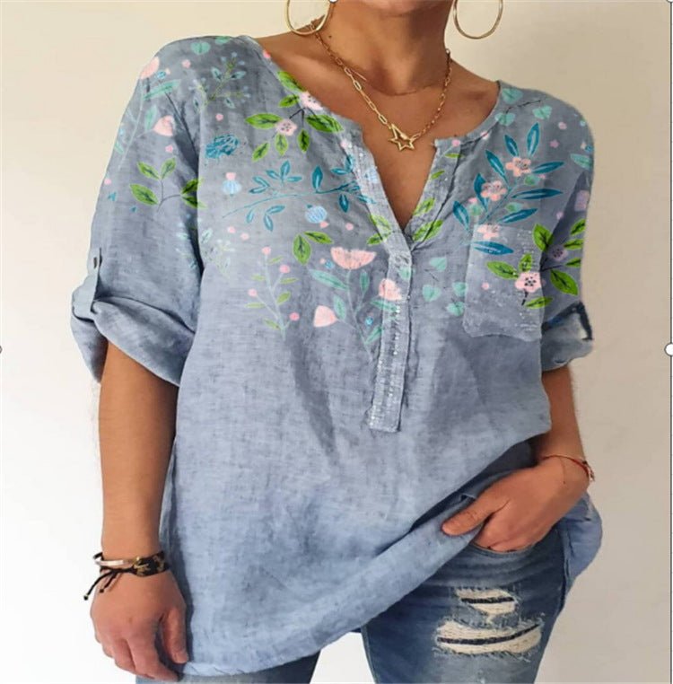 Summer Women's Blouse Loose Printing V - Neck Long - Sleeved Shirt Women - Taylor K Shop
