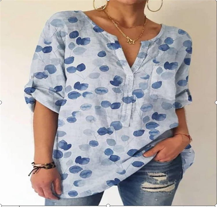 Summer Women's Blouse Loose Printing V - Neck Long - Sleeved Shirt Women - Taylor K Shop