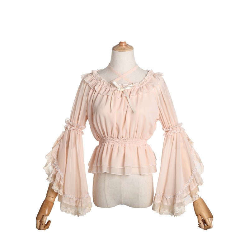 Sweet Women's Chiffon Blouse Flare Sleeve Cross Neck Lolita Top for Summer - Taylor K Shop