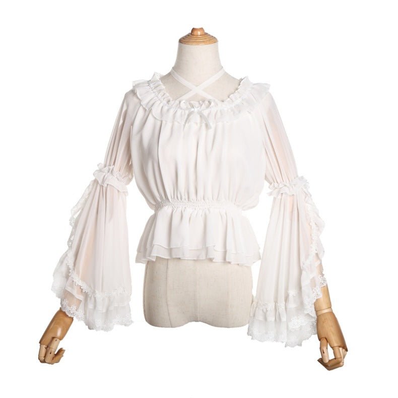 Sweet Women's Chiffon Blouse Flare Sleeve Cross Neck Lolita Top for Summer - Taylor K Shop