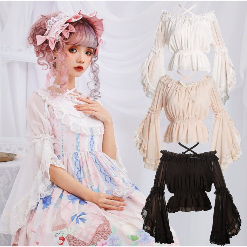 Sweet Women's Chiffon Blouse Flare Sleeve Cross Neck Lolita Top for Summer - Taylor K Shop