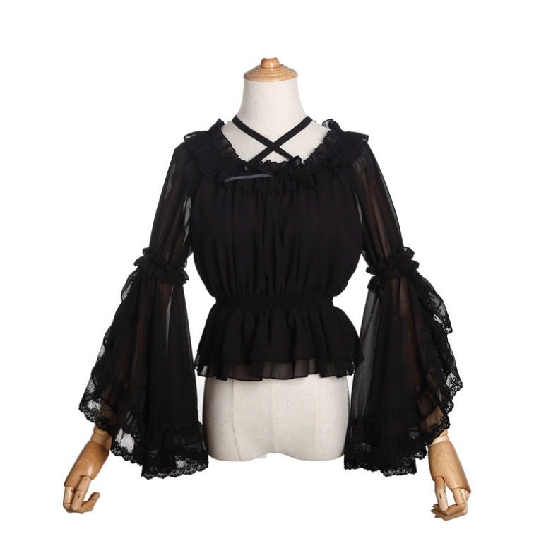 Sweet Women's Chiffon Blouse Flare Sleeve Cross Neck Lolita Top for Summer - Taylor K Shop