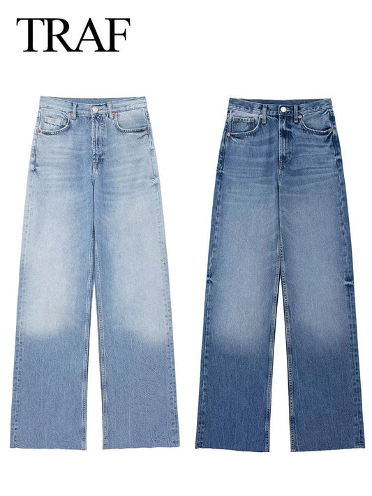 TRAF Women Vintage Denim Trousers Female Fashion High Waist Slim Jeans Pockets Zipper Fly Straight Jeans Streetwear - Taylor K Shop