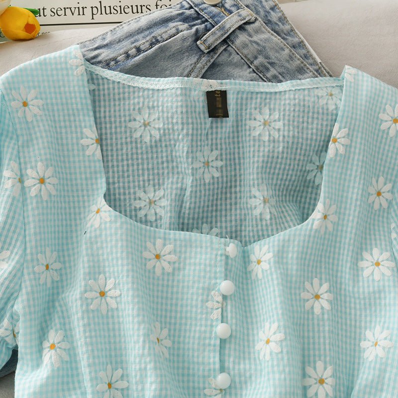 Tucked Waist And Thinner Student Blouse With Wooden Ears, Women Summer Plaid Small Daisy Short - Sleeved Shirt - Taylor K Shop