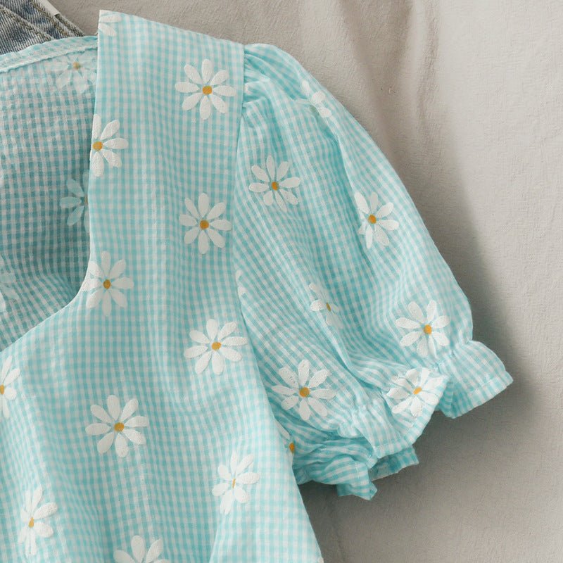 Tucked Waist And Thinner Student Blouse With Wooden Ears, Women Summer Plaid Small Daisy Short - Sleeved Shirt - Taylor K Shop