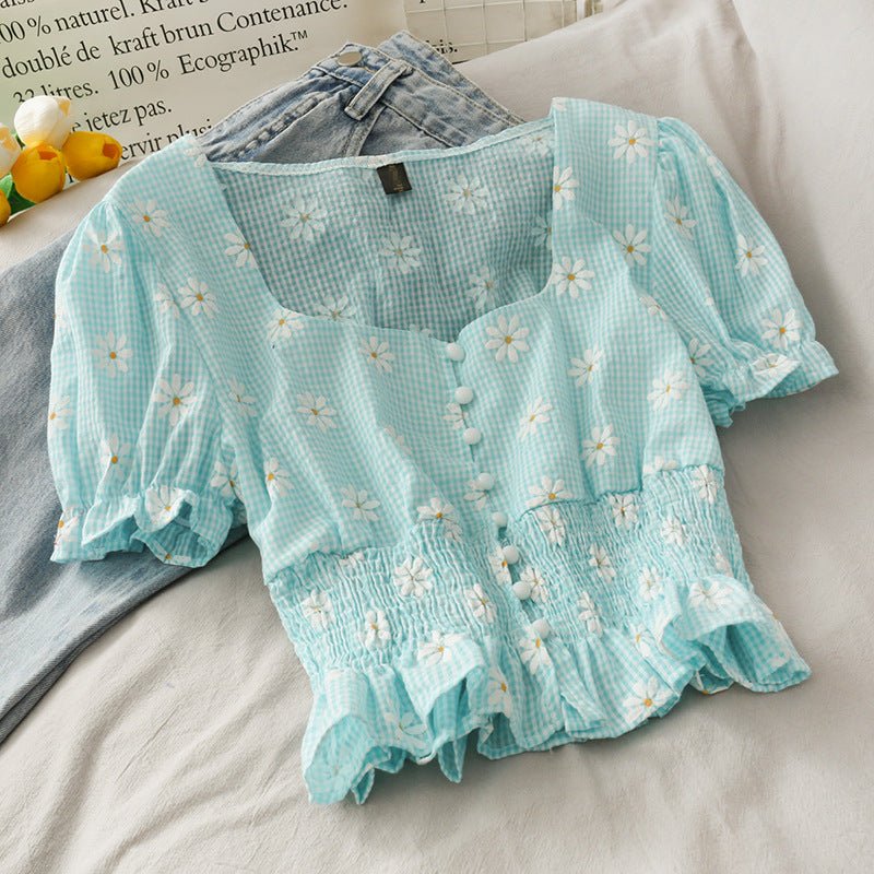 Tucked Waist And Thinner Student Blouse With Wooden Ears, Women Summer Plaid Small Daisy Short - Sleeved Shirt - Taylor K Shop
