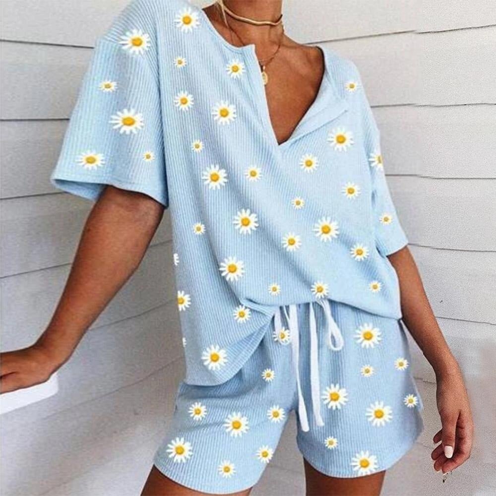 Two - piece Home Service Summer Digital Print Little Daisy Short - sleeved Blouse Women - Taylor K Shop