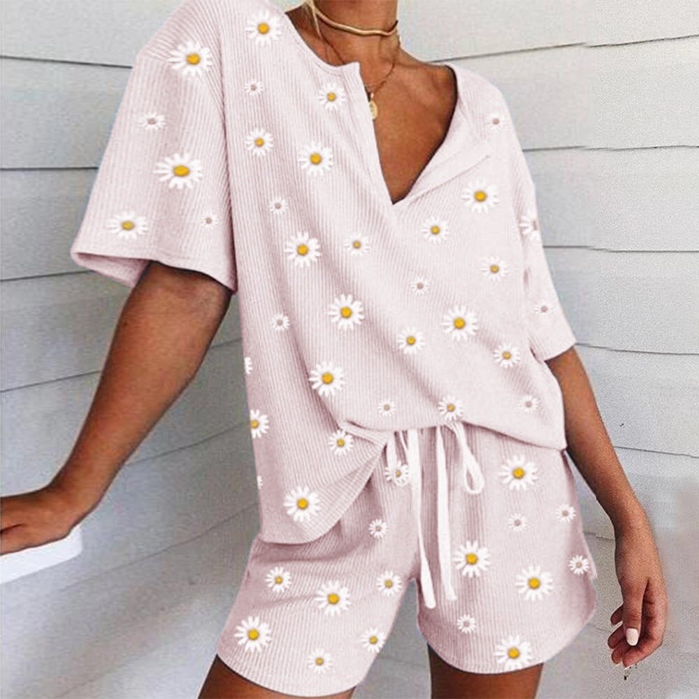 Two - piece Home Service Summer Digital Print Little Daisy Short - sleeved Blouse Women - Taylor K Shop