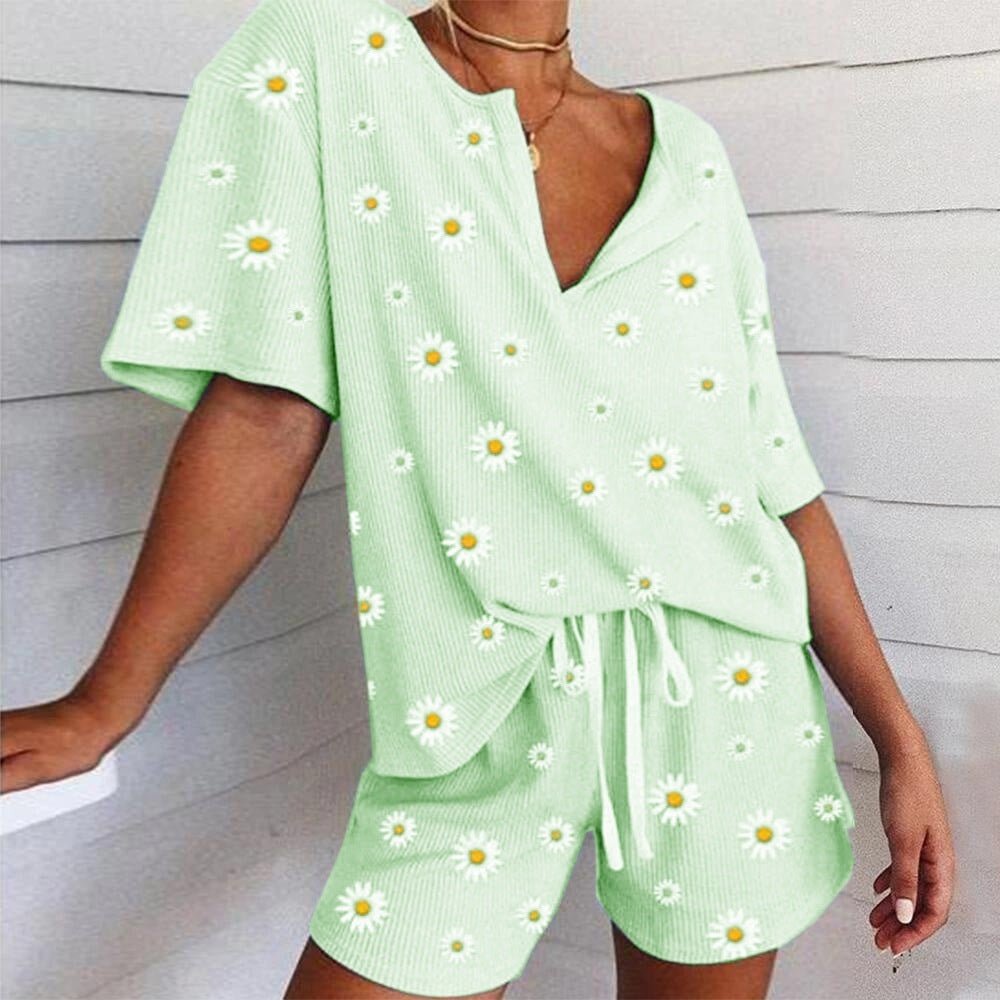 Two - piece Home Service Summer Digital Print Little Daisy Short - sleeved Blouse Women - Taylor K Shop