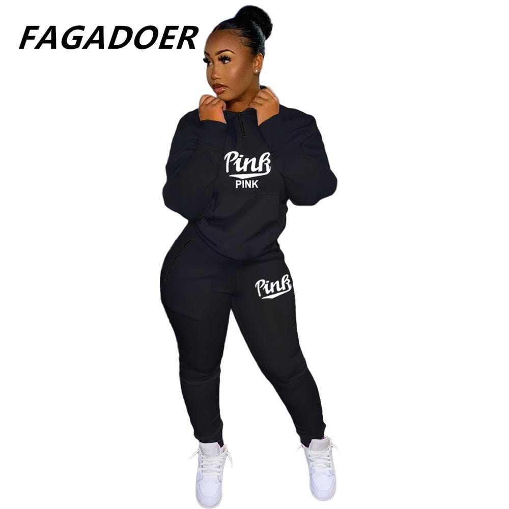 Two Piece Set Pink Letter Print Solid Casual Outfits Zip Sweatshirt - Taylor K Shop