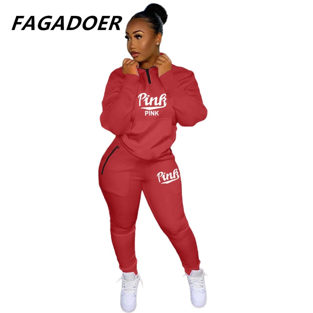 Two Piece Set Pink Letter Print Solid Casual Outfits Zip Sweatshirt - Taylor K Shop