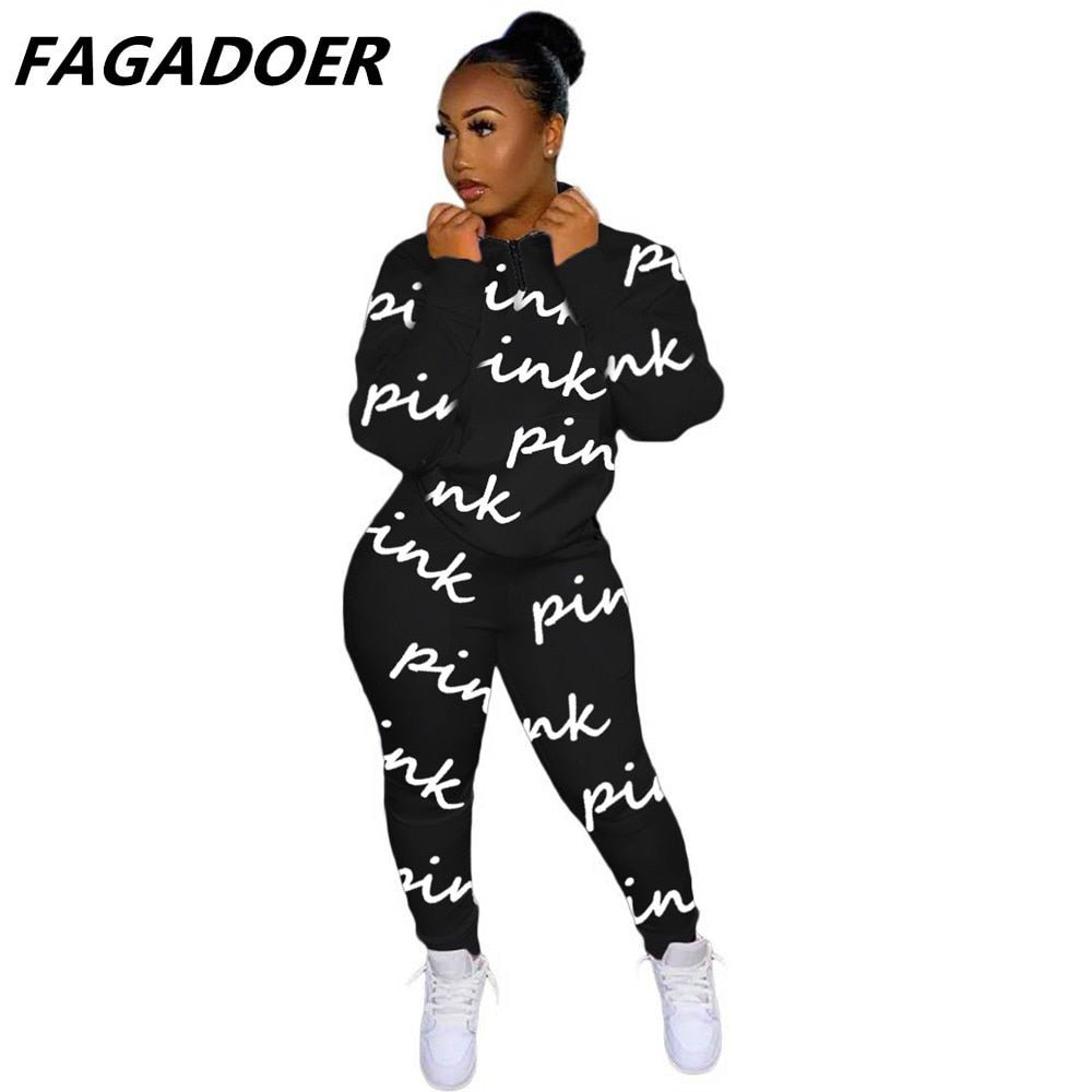 Two Piece Set Pink Letter Print Solid Casual Outfits Zip Sweatshirt - Taylor K Shop