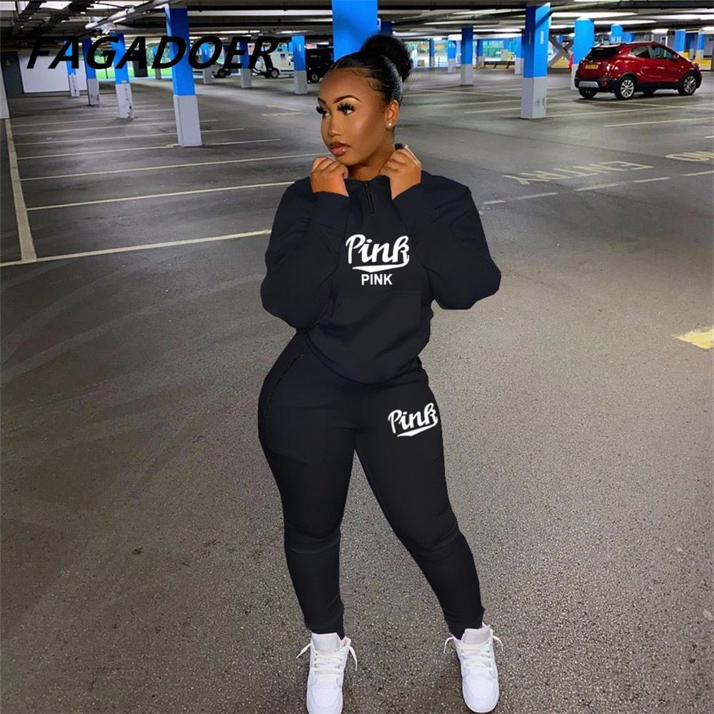 Two Piece Set Pink Letter Print Solid Casual Outfits Zip Sweatshirt - Taylor K Shop