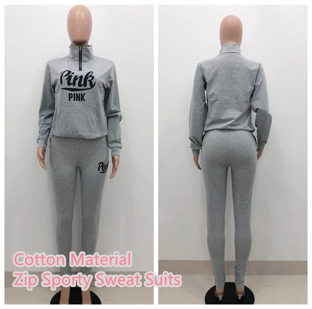 Two Piece Set Pink Letter Print Solid Casual Outfits Zip Sweatshirt - Taylor K Shop