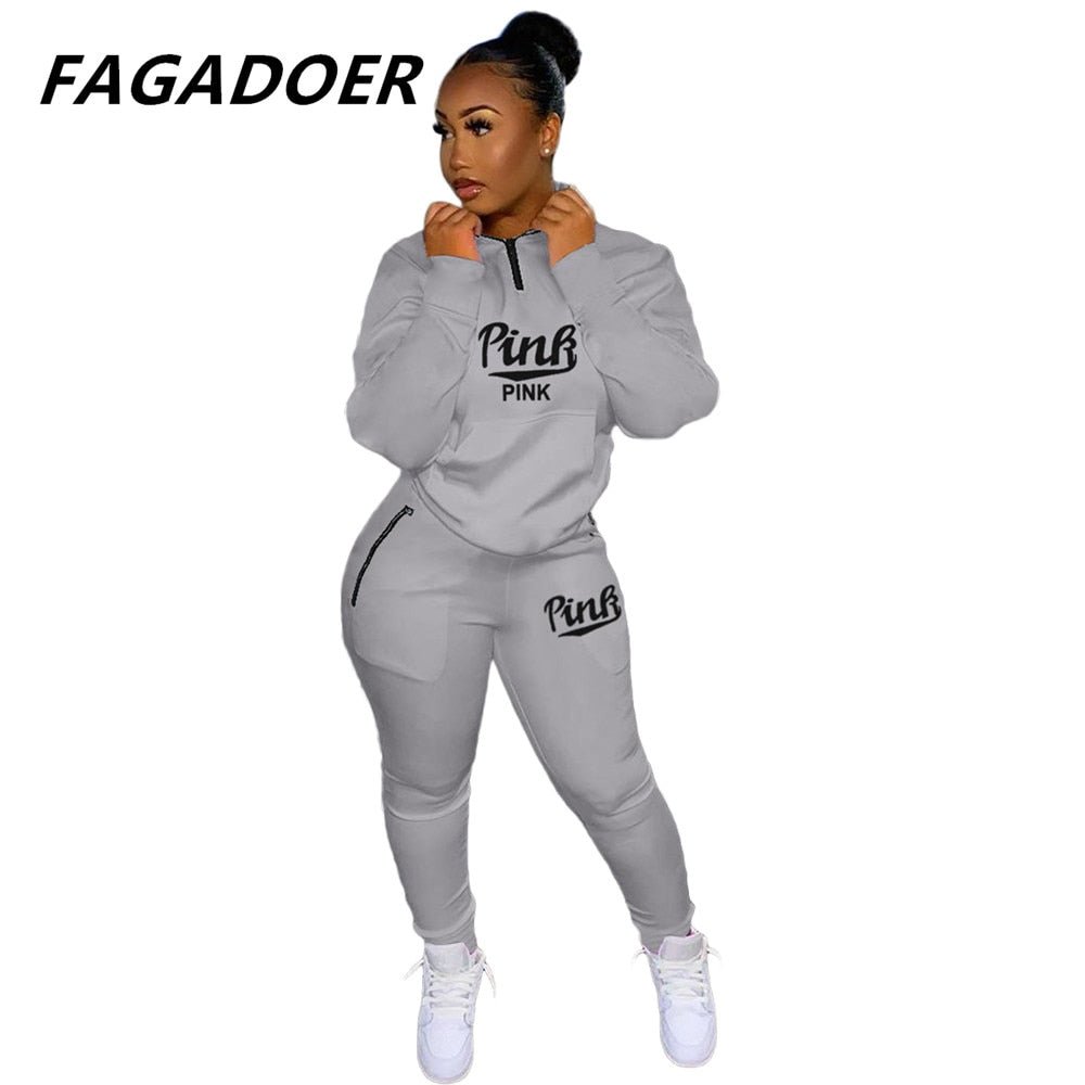 Two Piece Set Pink Letter Print Solid Casual Outfits Zip Sweatshirt - Taylor K Shop