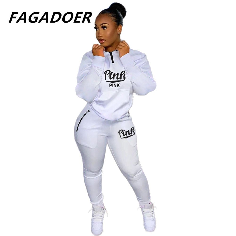 Two Piece Set Pink Letter Print Solid Casual Outfits Zip Sweatshirt - Taylor K Shop