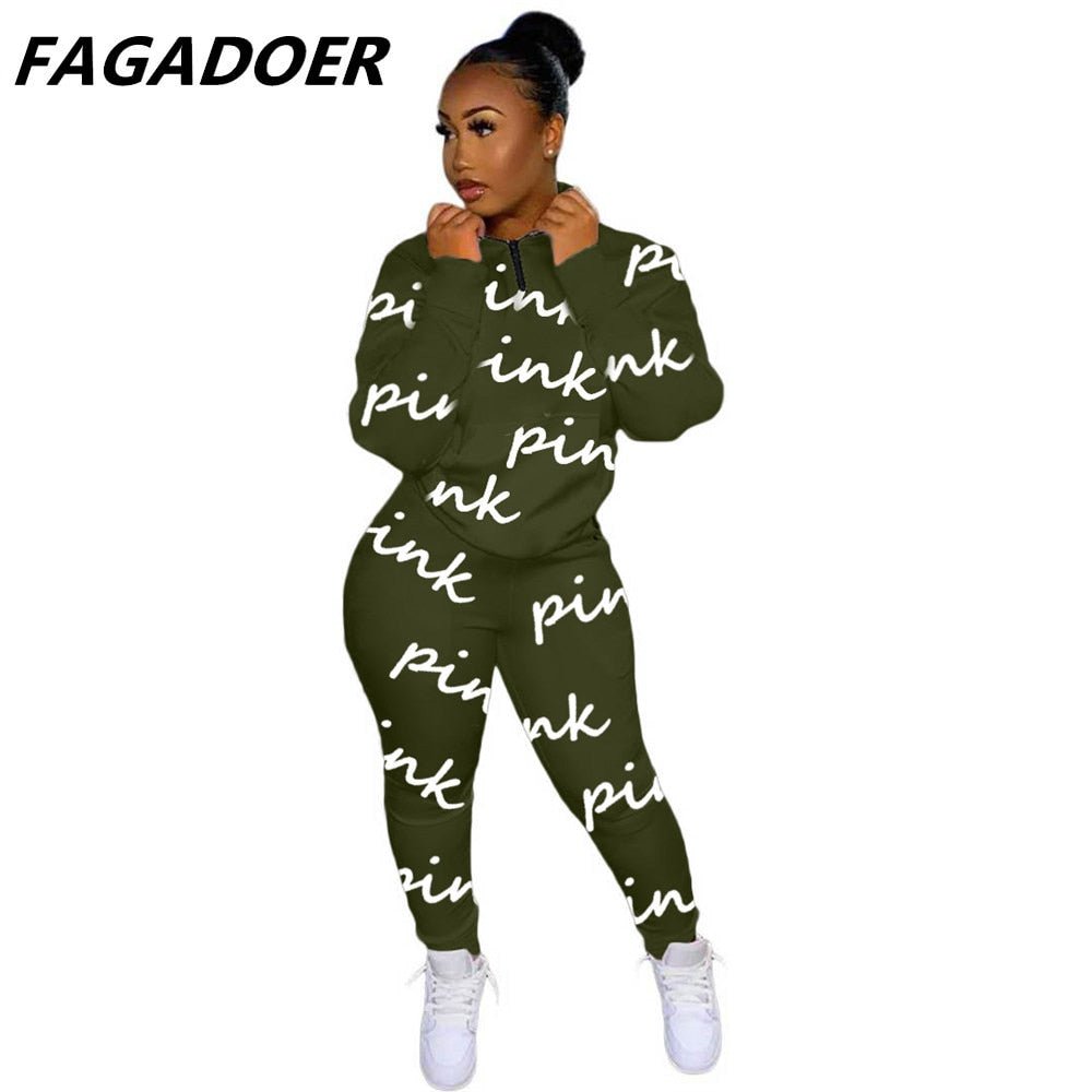 Two Piece Set Pink Letter Print Solid Casual Outfits Zip Sweatshirt - Taylor K Shop