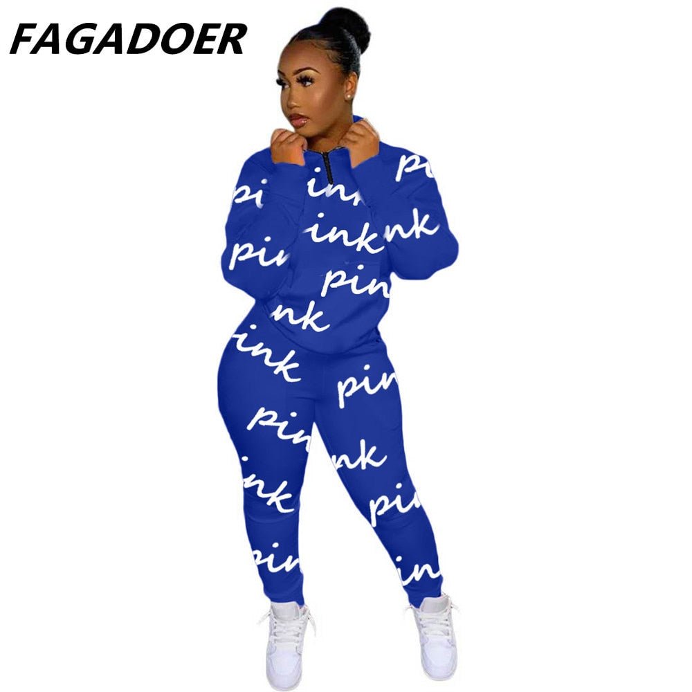 Two Piece Set Pink Letter Print Solid Casual Outfits Zip Sweatshirt - Taylor K Shop