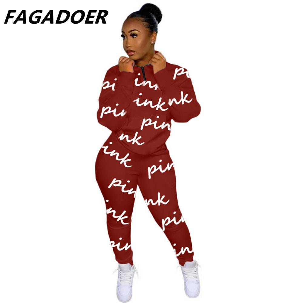 Two Piece Set Pink Letter Print Solid Casual Outfits Zip Sweatshirt - Taylor K Shop