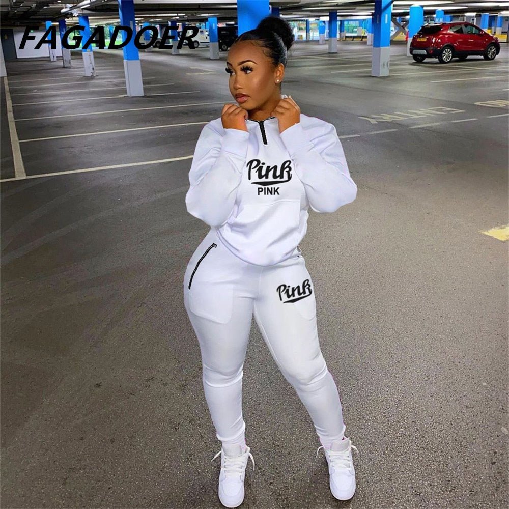 Two Piece Set Pink Letter Print Solid Casual Outfits Zip Sweatshirt - Taylor K Shop