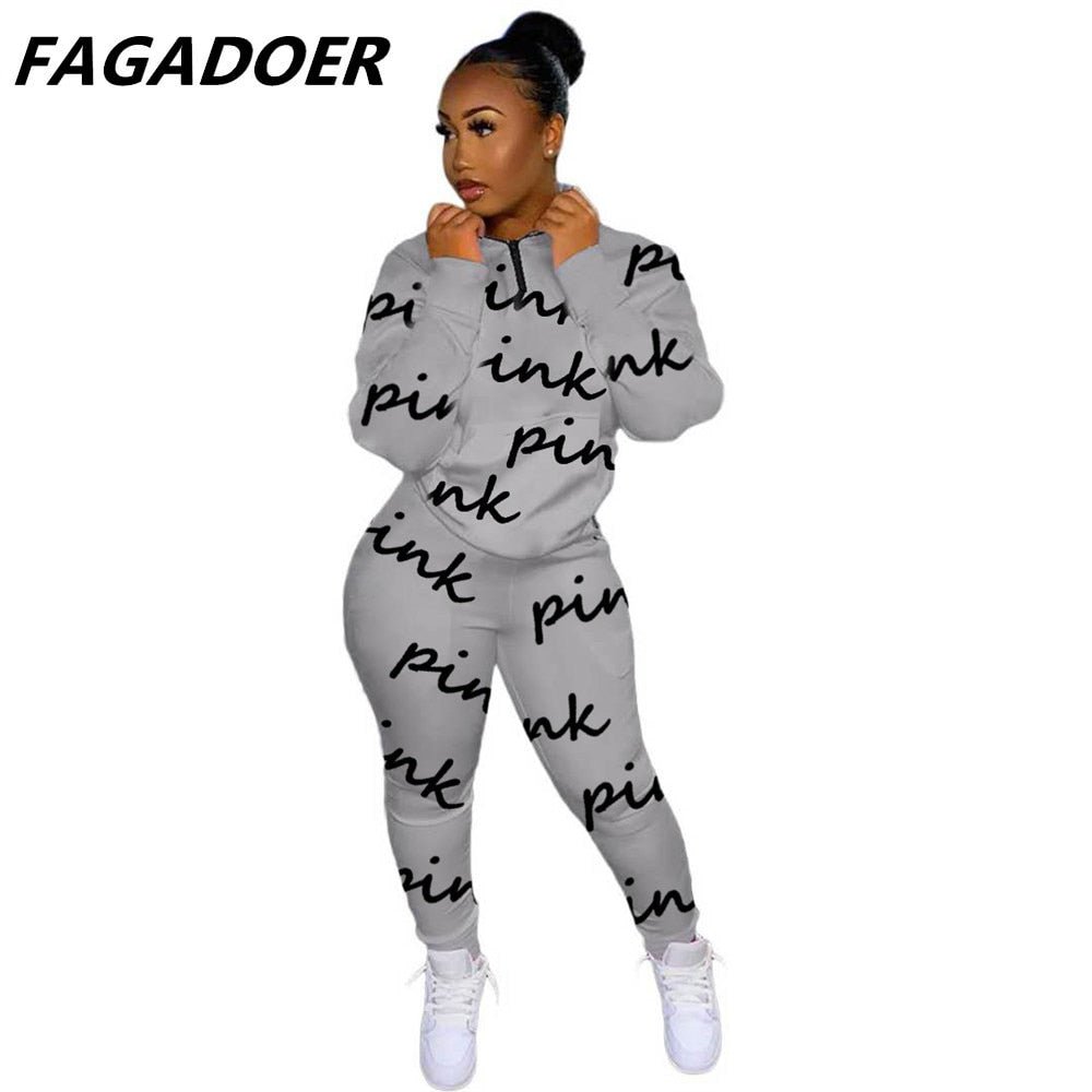 Two Piece Set Pink Letter Print Solid Casual Outfits Zip Sweatshirt - Taylor K Shop