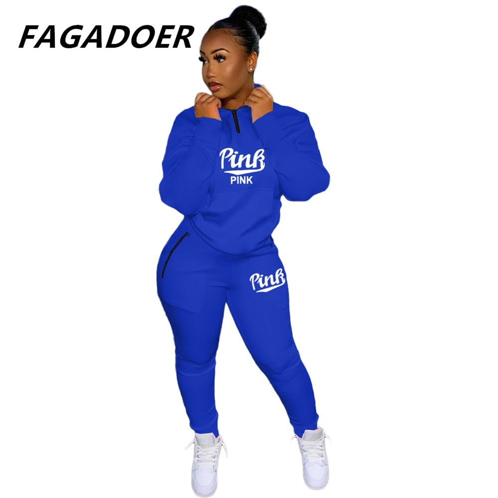 Two Piece Set Pink Letter Print Solid Casual Outfits Zip Sweatshirt - Taylor K Shop