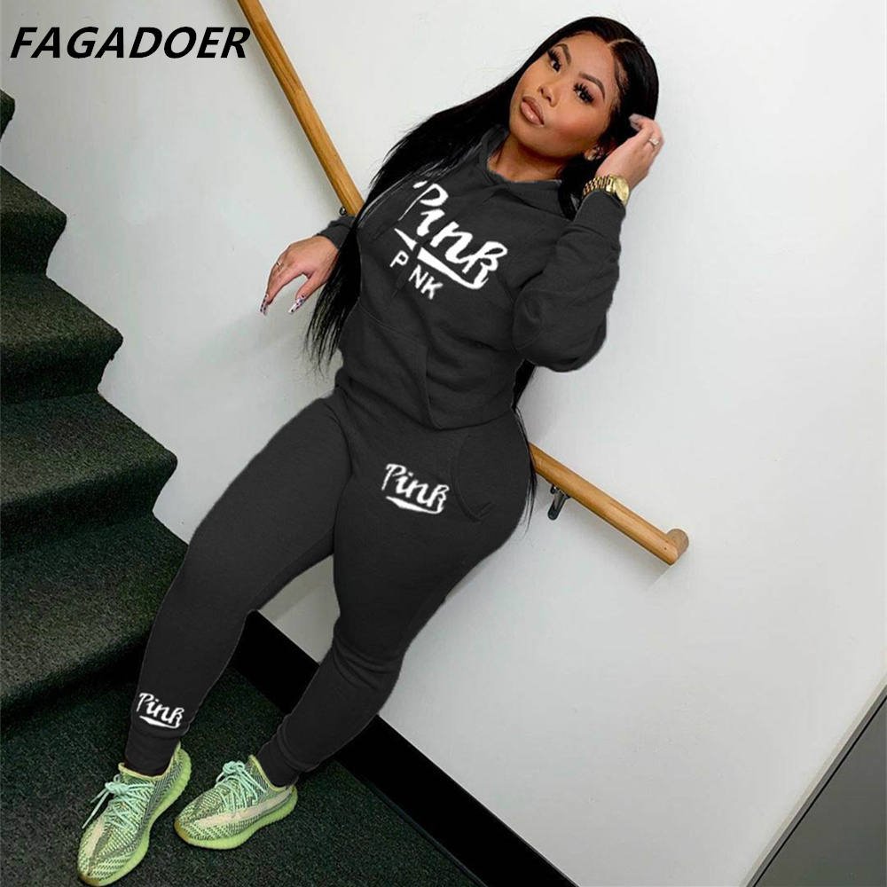 Two Piece Set Pink Letter Print Solid Casual Outfits Zip Sweatshirt - Taylor K Shop