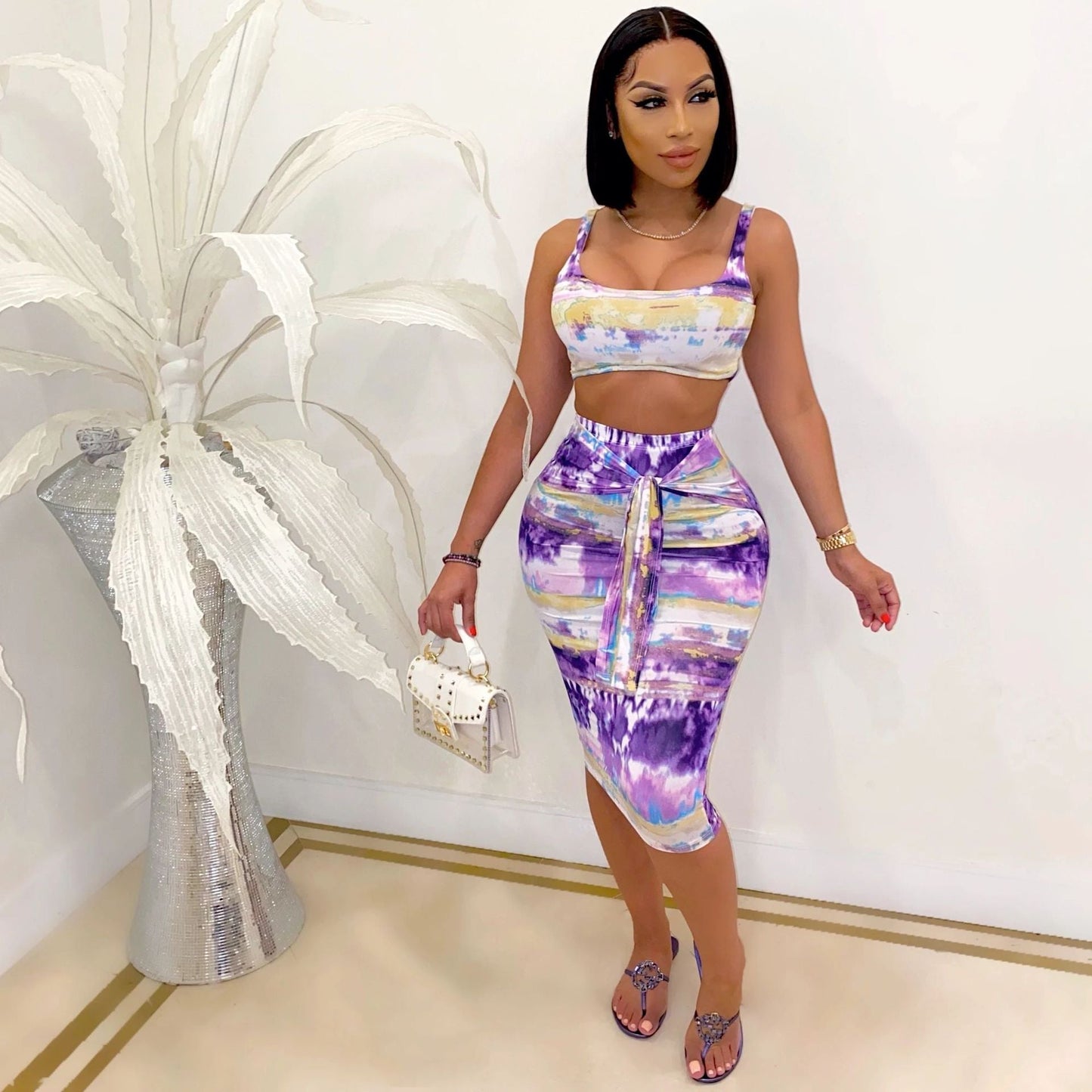 Two - piece Sexy Fashion Wrap Chest Waist Tie - dye Printed Skirt - Taylor K Shop