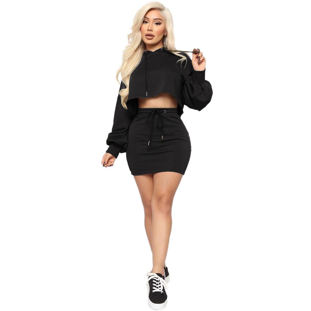 Two - piece sexy hooded strappy solid color skirt suit - Taylor K Shop