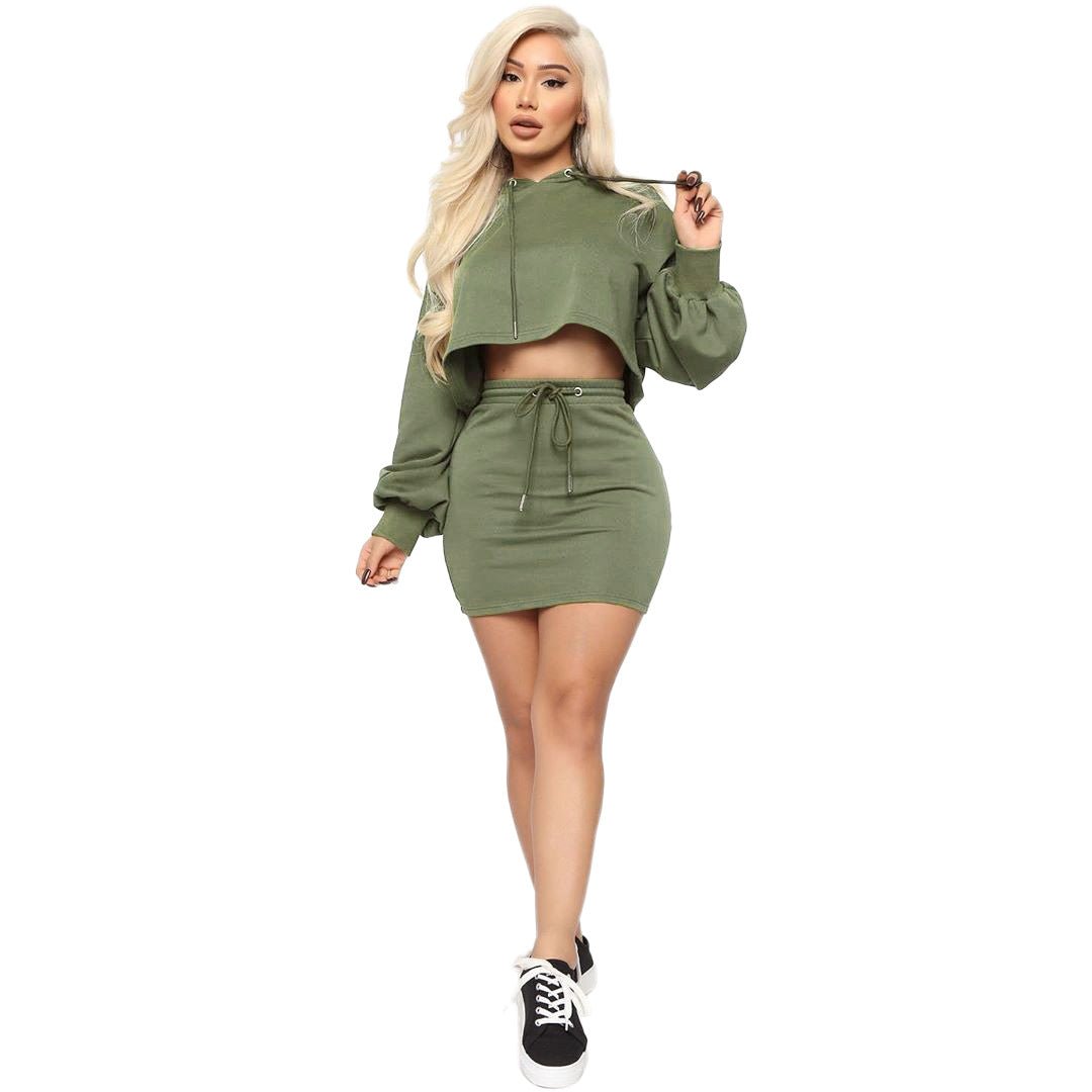 Two - piece sexy hooded strappy solid color skirt suit - Taylor K Shop