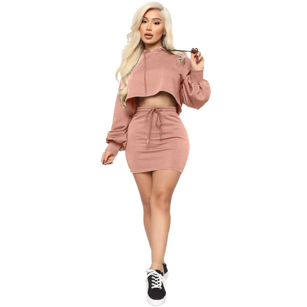 Two - piece sexy hooded strappy solid color skirt suit - Taylor K Shop