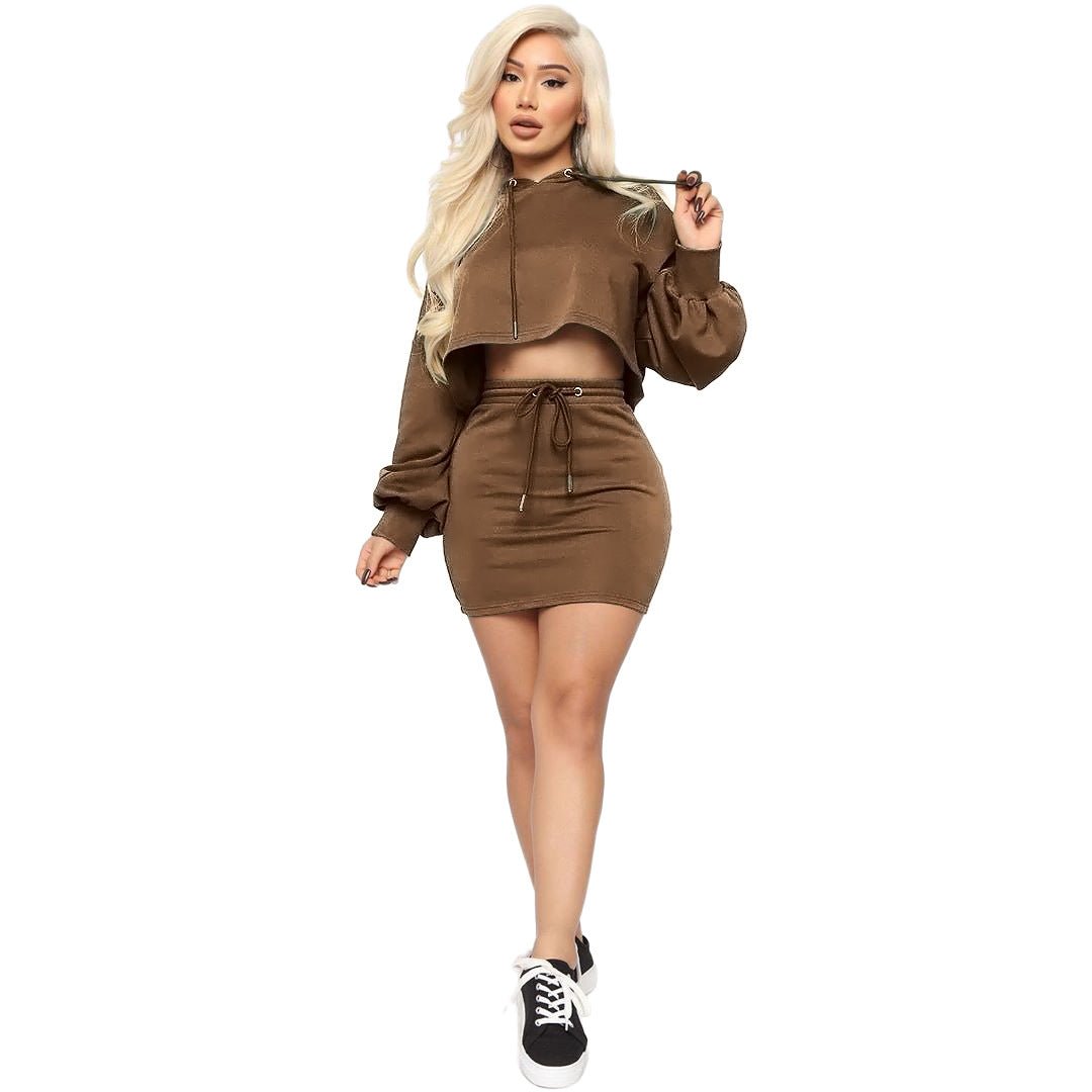 Two - piece sexy hooded strappy solid color skirt suit - Taylor K Shop
