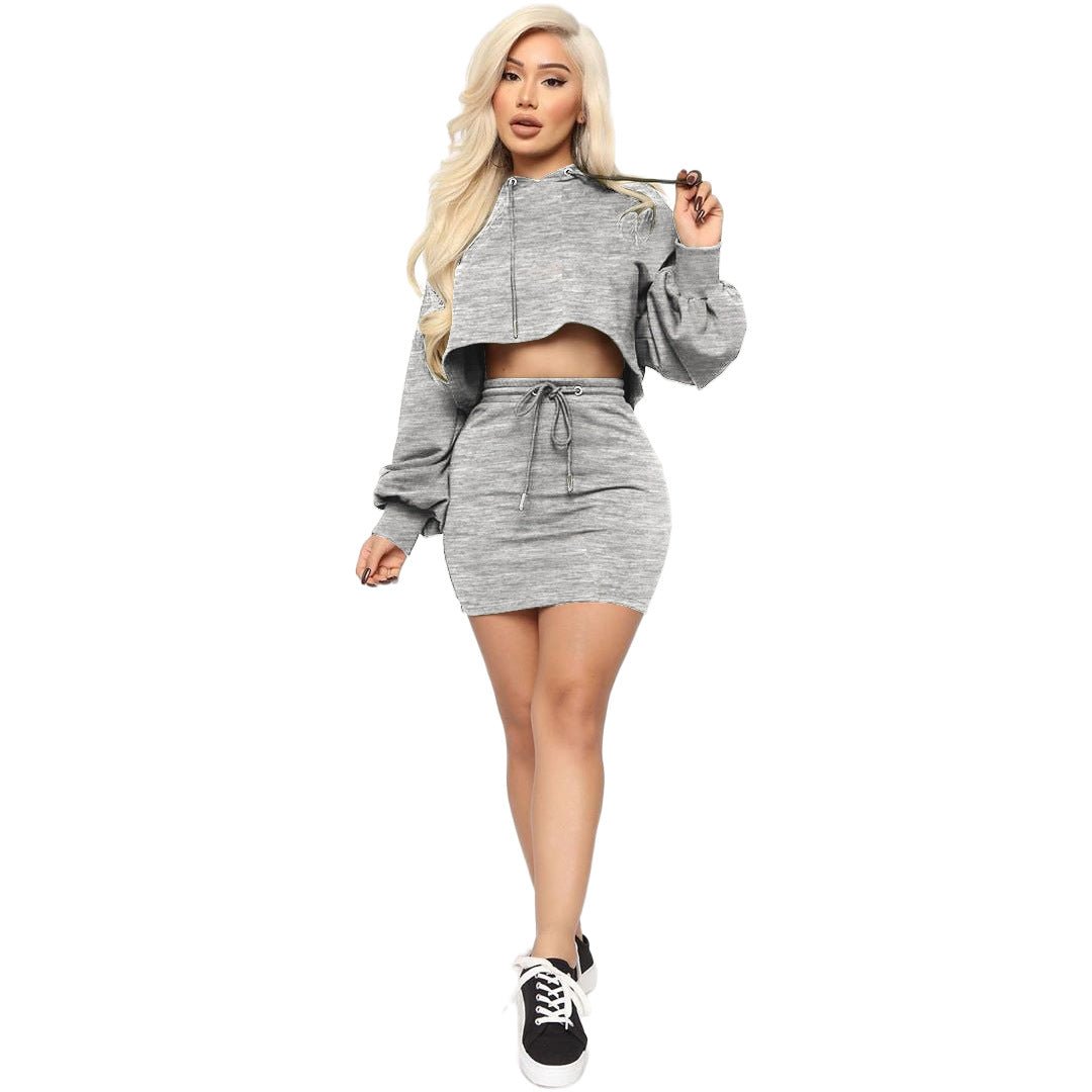 Two - piece sexy hooded strappy solid color skirt suit - Taylor K Shop