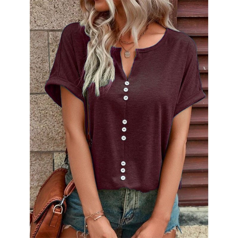 V - neck Short Sleeve Tops Shirt Summer Button Design Blouse - Taylor K Shop