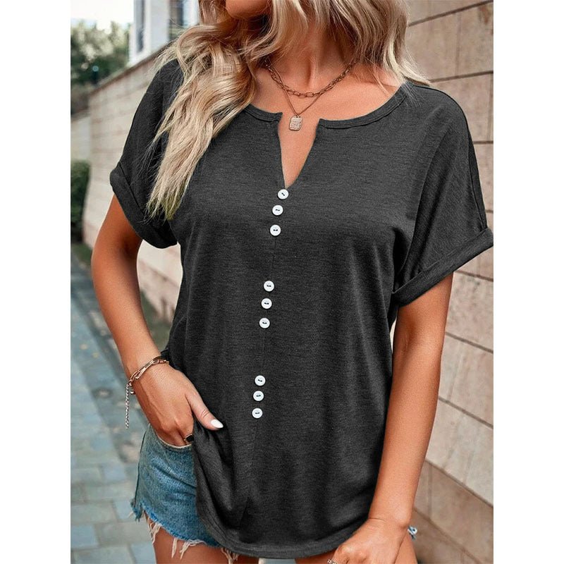 V - neck Short Sleeve Tops Shirt Summer Button Design Blouse - Taylor K Shop
