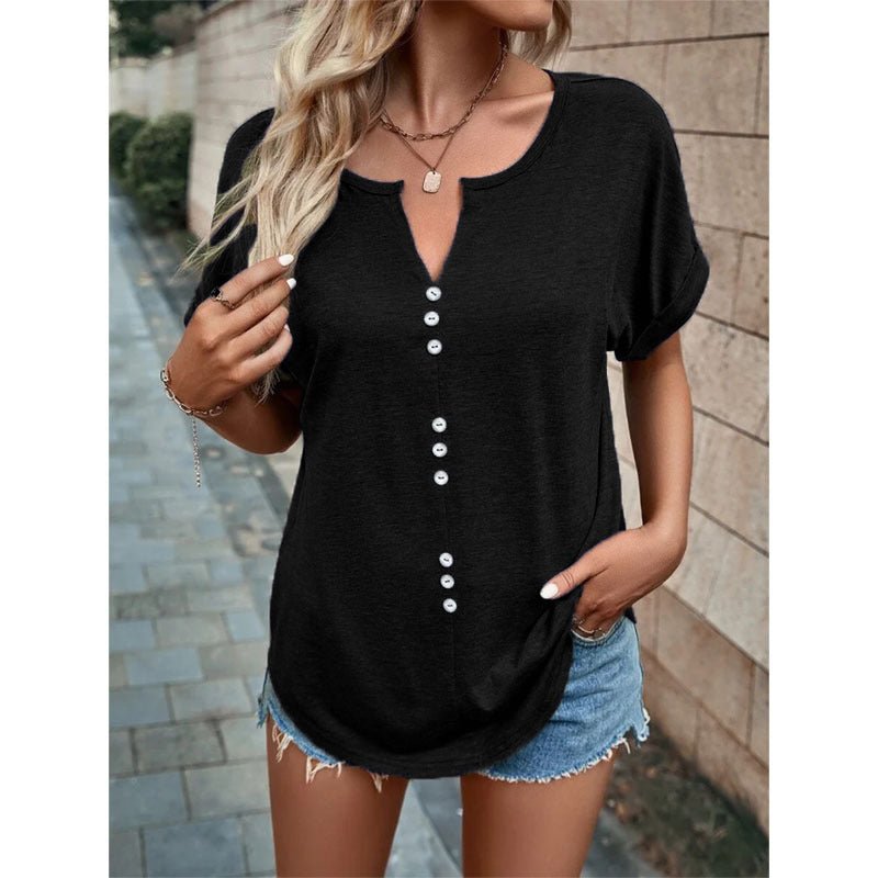 V - neck Short Sleeve Tops Shirt Summer Button Design Blouse - Taylor K Shop