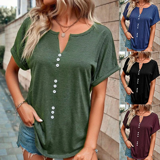 V - neck Short Sleeve Tops Shirt Summer Button Design Blouse - Taylor K Shop