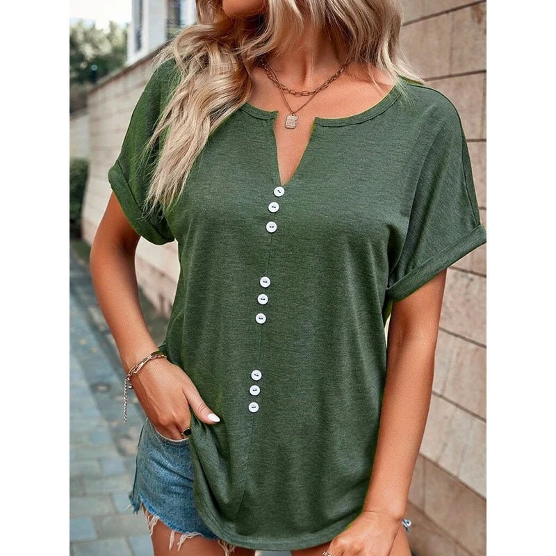 V - neck Short Sleeve Tops Shirt Summer Button Design Blouse - Taylor K Shop