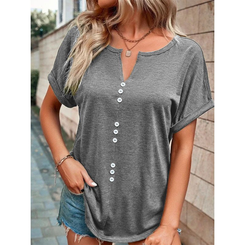 V - neck Short Sleeve Tops Shirt Summer Button Design Blouse - Taylor K Shop