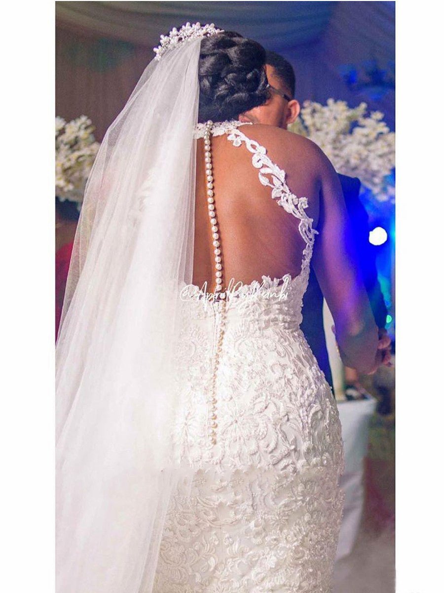 Vintage Lace Beaded Wedding Dresses Sheer Neck Mermaid Bridal Dresses Sexy Cheap Wedding Gowns - Taylor K Shop