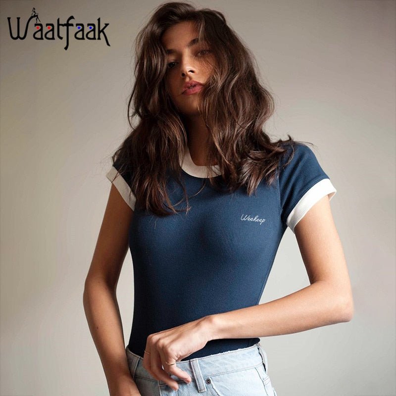 Waatfaak Elegant Short Sleeve Women Bodysuit Romper Ladies Jumpsuit Embroidery Letter Bodycon Womens Casual Body Femme Black Top - Taylor K Shop