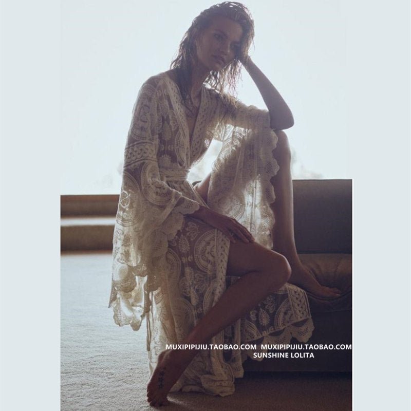 White Hollow Lace Sexy Bikini Jacket Blouse Women's Summer Long - Sleeved - Taylor K Shop