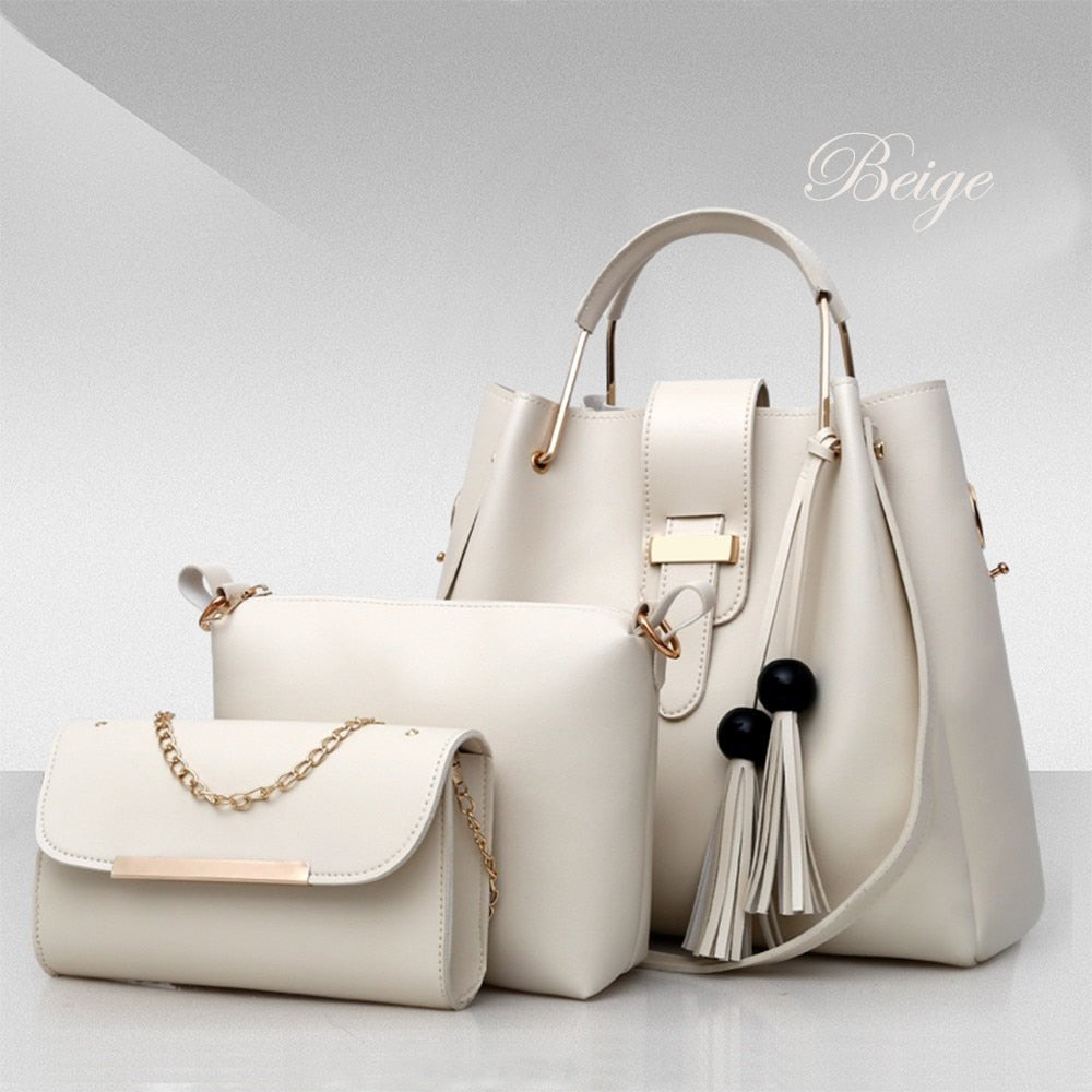 Women 3Pcs Or Set Handbags PU Leather Shoulder Bags Casual Tote Bag Tassel Metal Handle Designer Composite Bags - Taylor K Shop