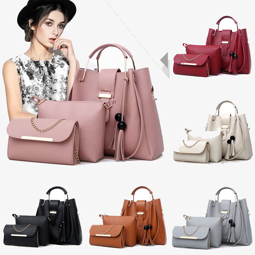 Women 3Pcs Or Set Handbags PU Leather Shoulder Bags Casual Tote Bag Tassel Metal Handle Designer Composite Bags - Taylor K Shop