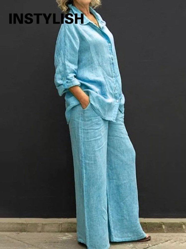 Women Autumn Linen Lapel Shirt Two Pieces Set Vintage Solid Long Sleeve Button Blouse and Loose Straight Pants Casual Suits - Taylor K Shop