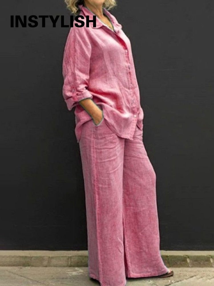 Women Autumn Linen Lapel Shirt Two Pieces Set Vintage Solid Long Sleeve Button Blouse and Loose Straight Pants Casual Suits - Taylor K Shop