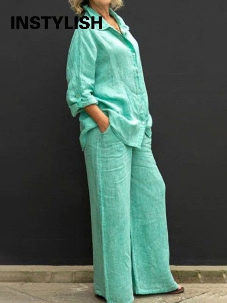 Women Autumn Linen Lapel Shirt Two Pieces Set Vintage Solid Long Sleeve Button Blouse and Loose Straight Pants Casual Suits - Taylor K Shop